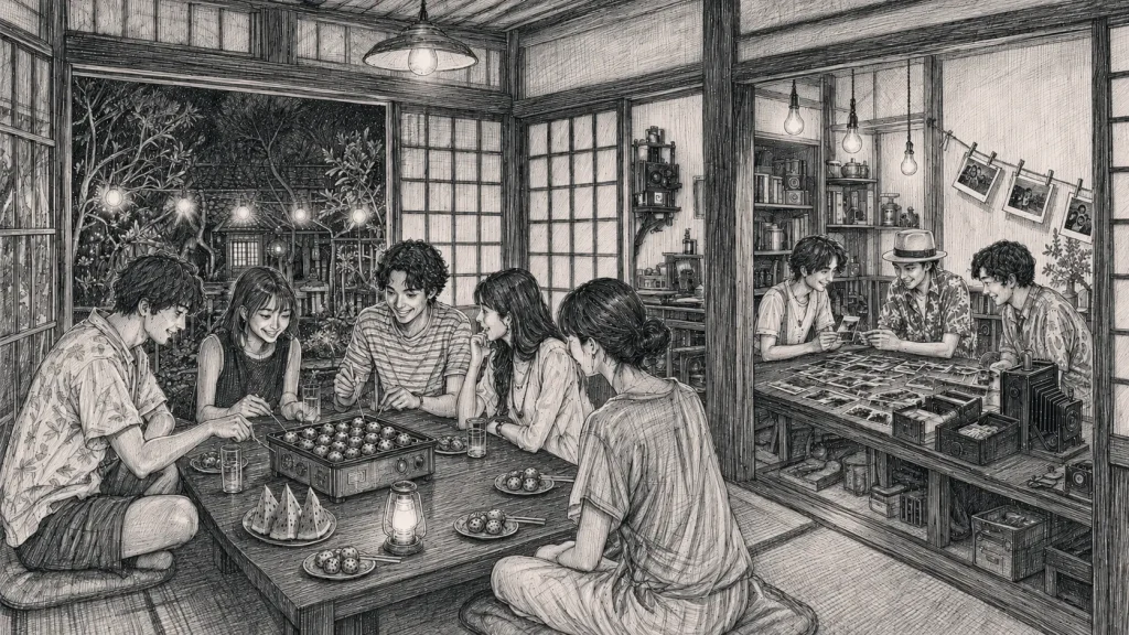 古民家でたこ焼きを囲む会と、隣の部屋で手焼き写真を見る参加者を描いた鉛筆画