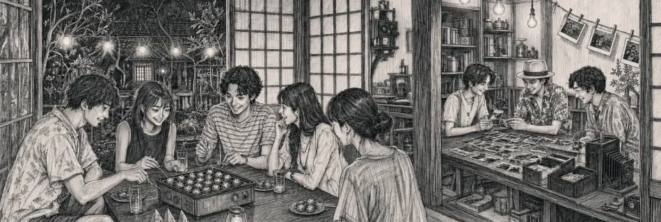 古民家でたこ焼きを囲む会と、隣の部屋で手焼き写真を見る参加者を描いた鉛筆画