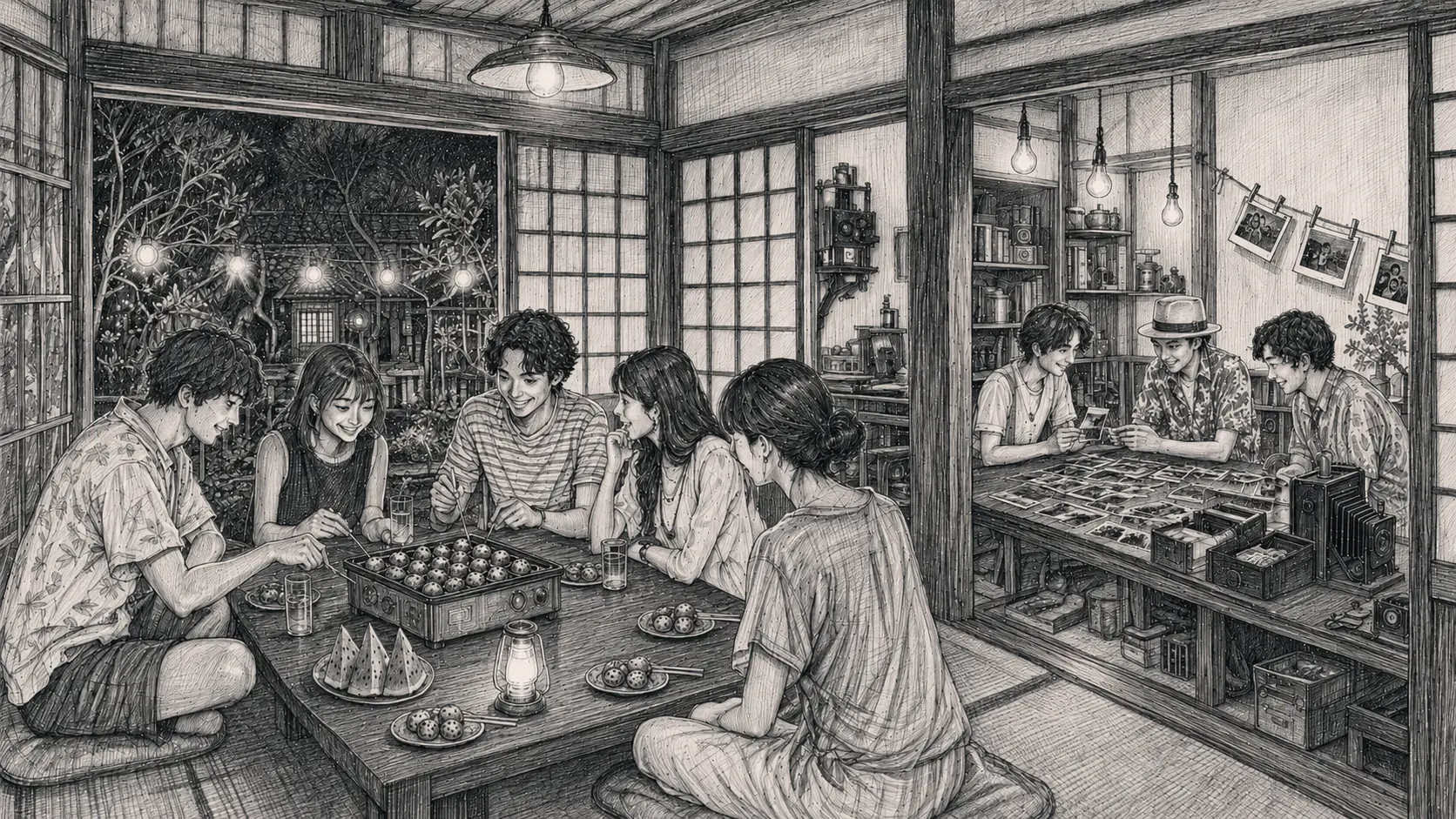 古民家でたこ焼きを囲む会と、隣の部屋で手焼き写真を見る参加者を描いた鉛筆画