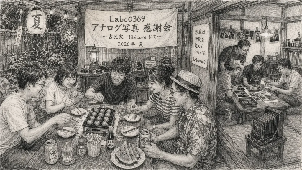 古民家でたこ焼きを囲む会と、隣の部屋で手焼き写真を見る参加者を描いた鉛筆画